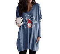 EFOFEI Women Crew Neck Loose Fit Sweatshirt Winter Long Sleeve Warm Sweater Solid Color Pullover Shirt Santa Claus Blue XL