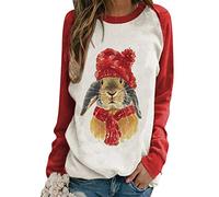 EFOFEI Women Easter Cute Rabbit Print T Shirt Cartoon Bunny Patterned Sweater Rabbit Pattern Sweatshirt Hare Red XXL