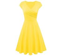 EFOFEI Women High Waist Retro Sundress Short Sleeve Swing Dress Audrey Elegant Cocktail Dress Yellow XS