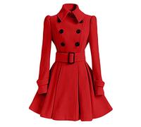 EFOFEI Women Lapel Wrap Winter Outwear with Pockets Elegant Princess Style Coat Long Wool Blend Outerwear Red L