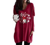 EFOFEI Women Solid Color Pullover Shirt Crew Neck Loose Fit Sweatshirt Oversized Loose Fit Pullover Santa Claus Wine Red L