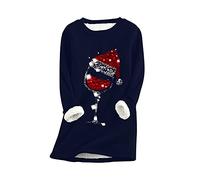 EFOFEI Women Top With Christmas Hat Pattern Casual Warm Top With Wine Glass Pattern Fleece Shirt Navy Blue L