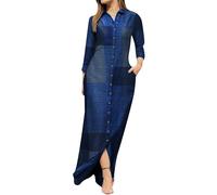 EFOFEI Women's Casual Print Button Front Shirt Dress Vintage Long Gown Kaftans with Pockets Loose Boyfriend Split Dress Blue S