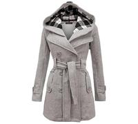 EFOFEI Womens Faux Wool Blend Double Breasted Winter Midi Length Trench Coat With Hood Light Grey L