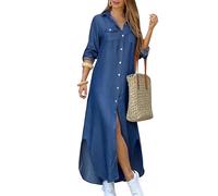 EFOFEI Women's Long Sleeve Check Dress Sexy Long Loose Flowy Dress Loose Fit Blouse Dress T Shirt Maxi Dress, Denim Blue, XXL