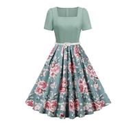 EFOGEP 1950s Dresses for Women Vintage Polka Dots Floral Short Sleeve Rockabilly A-Line Swing Midi Tea Dress Cocktail Wedding Party Prom Work Office Formal 50s Retro Dresses Blue S