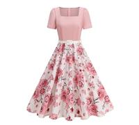 EFOGEP 1950s Dresses for Women Vintage Polka Dots Floral Short Sleeve Rockabilly A-Line Swing Midi Tea Dress Cocktail Wedding Party Prom Work Office Formal 50s Retro Dresses Pink Floral L