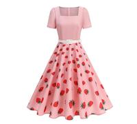 EFOGEP 1950s Dresses for Women Vintage Polka Dots Floral Short Sleeve Rockabilly A-Line Swing Midi Tea Dress Cocktail Wedding Party Prom Work Office Formal 50s Retro Dresses Pink Strawberry S