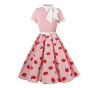 EFOGEP 50s Dresses for Women: Vintage 1950s Strawberry Tie Neck A Line Swing Cocktail Dress Short Sleeve Tie Neck Rockabilly Retro Wedding Formal Evening Prom Gown with Belt Pink & Strawberry XL
