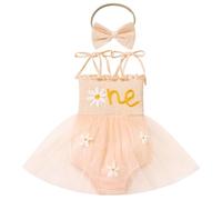 EFOGEP Baby Girl 1st Birthday Outfits: Princess Sleeveless Rainbow Smocked Ruffle Tulle Tutu Romper Dress with Bowknot Headband Summer Cake Smash Photo Shoot Sundress Peach Pink 12-18 Months