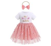 EFOGEP Baby Girl First Birthday Outfit Floral Embroidery Short Sleeve Tulle Tutu Princess Dresses with Bowknot Headband Sets Christening Cake Smash Newborn Photoshoot Clothes Light Pink 12-18M