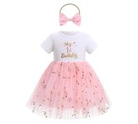 EFOGEP Baby Girl First Birthday Outfit Floral Embroidery Short Sleeve Tulle Tutu Princess Dresses with Bowknot Headband Sets Christening Cake Smash Newborn Photoshoot Clothes Pink 9-12M