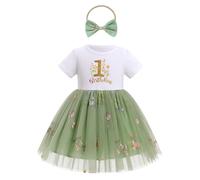 EFOGEP Baby Girl First Birthday Outfit Floral Embroidery Short Sleeve Tulle Tutu Princess Dresses with Bowknot Headband Sets Christening Cake Smash Newborn Photoshoot Clothes Green 12-18M