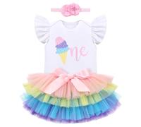 EFOGEP Baby Girl First Birthday Outfit: Infant Ice Cream Boho Rainbow Flutter Sleeve Romper + Tutu Skirt with Headband 3PCS Set My 1st Birthday Cake Smash Photo Shoot Clothes Rainbow Ice-cream 1 Year
