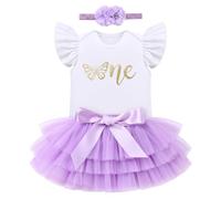 EFOGEP Baby Girl First Birthday Outfit: Newborn Infant Butterfly Flutter Sleeve Romper and Tutu Skirt with Headband 3PCS Set My 1st Birthday Cake Smash Photo Shoot Clothes Purple Butterfly 1 Year