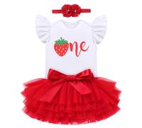 EFOGEP Baby Girl First Birthday Outfit: Newborn Infant Strawberry Flutter Sleeve Romper and Tutu Skirt with Headband 3PCS Set My 1st Birthday Cake Smash Photo Shoot Clothes Red Strawberry 1 Year