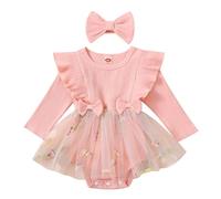 EFOGEP Baby Girl Romper Dress: Infant Princess Long Sleeve Ribbed Knit Floral Embroidered Ruffle Tulle Tutu Romper Dress and Headband 2PCS Fall Winter Birthday Party Festival Clothes Pink 6-9 Months