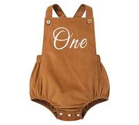 EFOGEP Baby Girls Boys First Birthday Outfit Sleeveless Backless Corduroy Romper Letter Print Overalls One Year Old Jumpsuit Cake Smash Photo Shoot Outfit Brown 12-18 Months