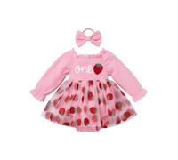 EFOGEP Baby Girls First Birthday Outfit: Princess Long Puff Sleeve Smocked Ruffle Tulle Tutu Dress and Headband 2PCS Strawberry One Year Old Photo Shoot Cake Smash Outfit Pink Strawberry 12-18 Months