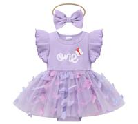 EFOGEP Baby Girls First Birthday Outfits: Flutter Sleeve Butterfly Ribbed Knit Ruffle Tulle Romper Dress+Headband 2PCS Onederland 1st Birthday Cake Smash Outfit Purple & Butterfly 12-18 Months