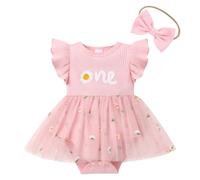 EFOGEP Baby Girls First Birthday Outfits: Flutter Sleeve Flower Ribbed Knit Ruffle Tulle Romper Dress+Headband 2PCS Onederland 1st Birthday Cake Smash Outfit Pink & Flower 12-18 Months