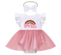 EFOGEP Baby Girls First Birthday Outfits: Flutter Sleeve Rainbow Ribbed Knit Ruffle Tulle Romper Dress+Headband 2PCS Onederland 1st Birthday Cake Smash Outfit White & Pink 9-12 Months