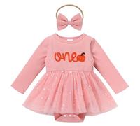 EFOGEP Baby Girls First Birthday Outfits: Long Sleeve Pumpkin Ribbed Knit Sequins Glitters Tulle Tutu Romper Dress + Bowknot Headband 2PCS Fall Winter Cake Smash Outfits Pink & Pumpkin 9-12 Months