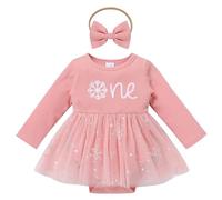 EFOGEP Baby Girls First Birthday Outfits: Long Sleeve Snowflake Ribbed Knit Sequins Glitters Ruffle Tulle Romper Dress+Headband 2PCS Fall Winter Cake Smash Outfits Pink & Snowflake 9-12 Months