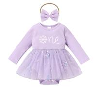EFOGEP Baby Girls First Birthday Outfits: Long Sleeve Snowflake Ribbed Knit Sequins Ruffle Tulle Romper Dress+Headband Winter Onederland 1st Birthday Cake Smash Outfit Purple & Snowflake 9-12 Months