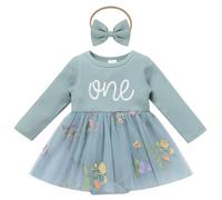 EFOGEP Baby Girls First Birthday Outfits: Long Sleeve Snowflake Ribbed Knit Sequins Ruffle Tulle Romper Dress+Headband Winter Onederland 1st Birthday Cake Smash Outfit Blue & Floral 12-18 Months