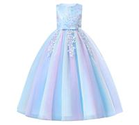 EFOGEP Flower Girl Dresses 3D Floral Sleeveless Lace Wedding Maxi Dress Elegant Floor Length Princess Tulle Tutu Ball Gown Birthday Evening Party Festival Pageant Prom Blue 11-12Y