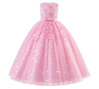 EFOGEP Flower Girl Dresses 3D Floral Sleeveless Lace Wedding Maxi Dress Elegant Floor Length Princess Tulle Tutu Ball Gown Birthday Evening Party Festival Pageant Prom Light Pink 9-10Y