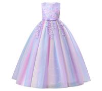 EFOGEP Flower Girl Dresses 3D Floral Sleeveless Lace Wedding Maxi Dress Elegant Floor Length Princess Tulle Tutu Ball Gown Birthday Evening Party Festival Pageant Prom Purple 5-6Y