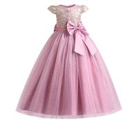 EFOGEP Flower Girl Dresses for Wedding: Princess Cap Sleeve Floral Lace Sequins Bowknot Tulle Tutu Dress Pageant Birthday Party First Communion Junior Bridesmaid Maxi Prom Gown Bean Pink 13-14 Years