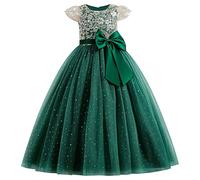 EFOGEP Flower Girl Dresses for Wedding: Princess Cap Sleeve Floral Lace Sequins Bowknot Tulle Tutu Dress Pageant Birthday Party First Communion Junior Bridesmaid Maxi Prom Gown Green 11-12 Years