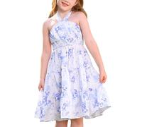 EFOGEP Girls Beach Dress Summer Casual Holiday Midi Dresses Floral Print Sleeveless Swing Sundress A-line Elegant Beach Boho Vacation Party Wedding Daily Dress Blue 13-14Y