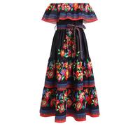 EFOGEP Girls Mexican Dress: Boho Floral Drape Dress Off Shoulder Fancy Traditional Cinco De Mayo Fiesta Folklorico Dresses Bohemian Casual Birthday Party Long Maxi Dresses with Belt Black 6-7 Year