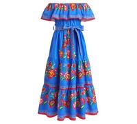 EFOGEP Girls Mexican Dress: Summer Boho Floral Drape Dress Off Shoulder Fancy Traditional Cinco De Mayo Fiesta Folklorico Dresses Bohemian Birthday Party Long Maxi Dresses with Belt Blue 6-7 Year