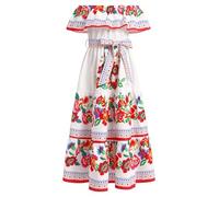 EFOGEP Girls' Mexican Dress Summer Boho Floral Drape Dress Off Shoulder Traditional Cinco De Mayo Fiesta Folklorico Dresses Bohemian Birthday Party Long Maxi Dresses with Belt, White, 5-6 Years
