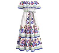 EFOGEP Girls Mexican Dress: Summer Boho Floral Drape Off Shoulder Traditional Cinco De Mayo Fiesta Folklorico Dress Casual Birthday Party Long Maxi Dresses with Belt White & Blue 9-10 Year