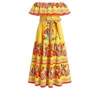 EFOGEP Girls Mexican Dress: Summer Boho Floral Drape Off Shoulder Traditional Cinco De Mayo Fiesta Folklorico Dresses Bohemian Casual Birthday Party Long Maxi Dress with Belt Yellow 9-10 Year