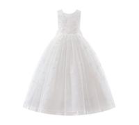 EFOGEP Girls Party Dress Elegant Embroidery Sleeveless Flower Girl Dresses Floral Tulle Tutu Maxi Princess Dress Bridesmaid Wedding Evening Pageant First Communion Ball Gowns White 11-13Y