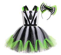 EFOGEP Halloween Costume for Girls Spaghetti Straps Black and White Striped Ruffle Tulle Tutu Dress with Beetle Headband 2PCS Cosplay Sleeveless Backlesss Dress Up Outfits Black & White 2-3 Years