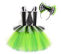 EFOGEP Halloween Costume for Girls Spaghetti Straps Black and White Striped Ruffle Tulle Tutu Dress with Beetle Headband 2PCS Cosplay Sleeveless Backlesss Dress Up Outfits Black & Green 6-7 Years