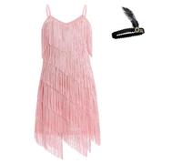 EFOGEP Kid Girls 1920s Sequins Fringe Latin Dance Dress Vintage Gatsby Tassel Salsa Cocktail Party Cha Cha Jazz Tangos Ballroom Dance Costumes with Feather Headband Pink 11-12 Years
