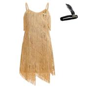 EFOGEP Kid Girls 1920s Sequins Fringe Latin Dance Dress Vintage Gatsby Tassel Salsa Cocktail Party Cha Cha Jazz Tangos Ballroom Dance Costumes with Feather Headband Gold 10-11 Years