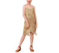 EFOGEP Kids Girls Latin Tassel Sparkly Dress Sequins Sleeveless Vintage Layered Fringe Dresses Ballroom Party Cha Cha Jazz Tango Ballet Dance 1920s Performance Dress Gold 8-9 Y