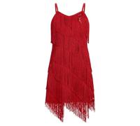 EFOGEP Kids Girls Latin Tassel Sparkly Dress Sequins Sleeveless Vintage Layered Fringe Dresses Ballroom Party Cha Cha Jazz Tango Ballet Dance 1920s Performance Dress Red 8-9 Y