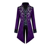 EFOGEP Men's Steampunk Vintage Tailcoat Prince Long Sleeve Button Down Jacket Gothic Victorian Frock Coat Formal Uniform Medieval Gothic Tuxedo Renaissance Halloween Costume Embroidery & Purple 2XL