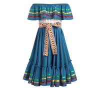 EFOGEP Mexican Dress for Girls: Traditional Folk Ruffle Drape Dress with Belt Off Shoulder Cinco De Mayo Folklorico Fiesta Dress Halloween Costume Carnival Birthday Party Dress Blue 9-10 Years